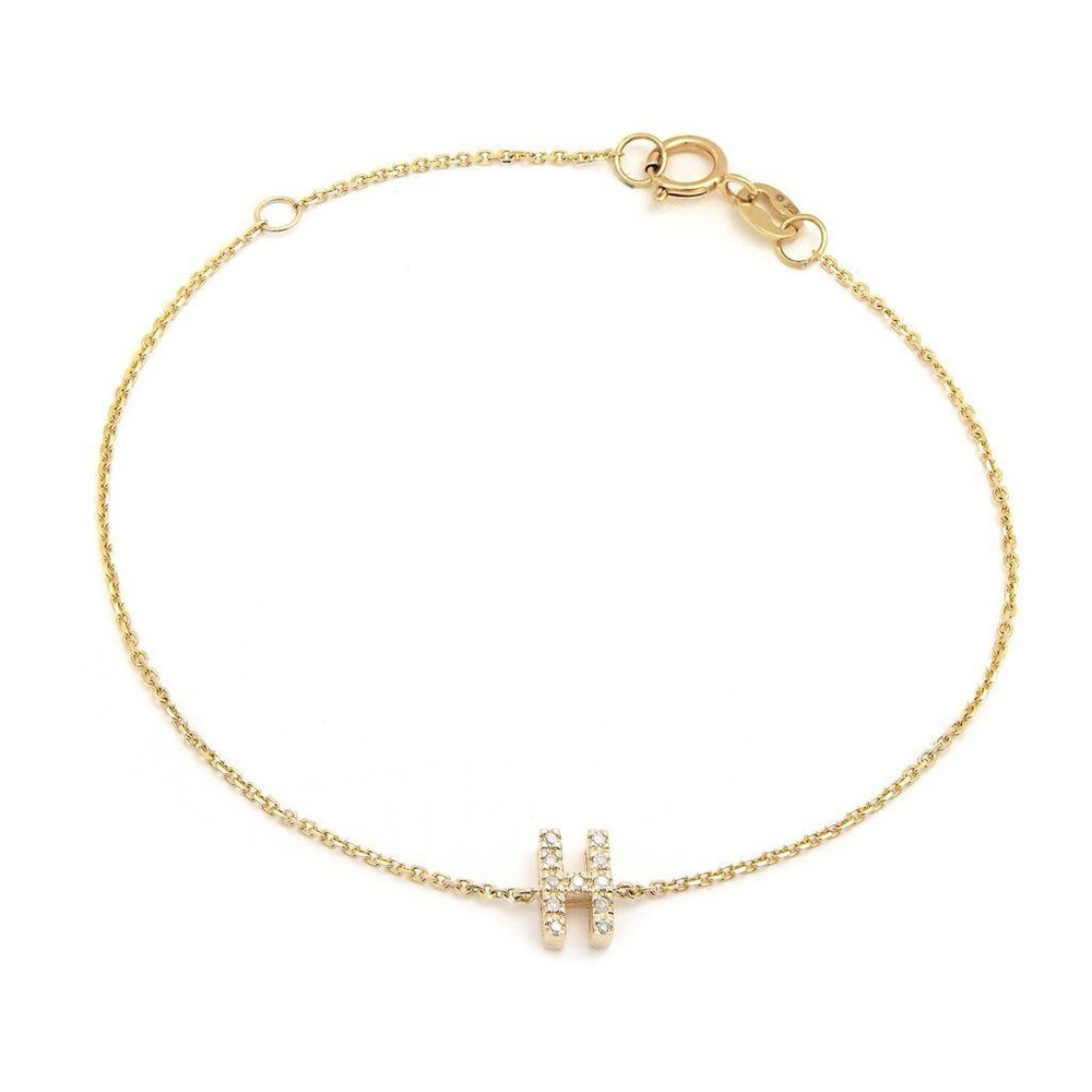 14K Real Yellow Gold  Initial ”H” Single Prong Diamond Bracelet 7+1″